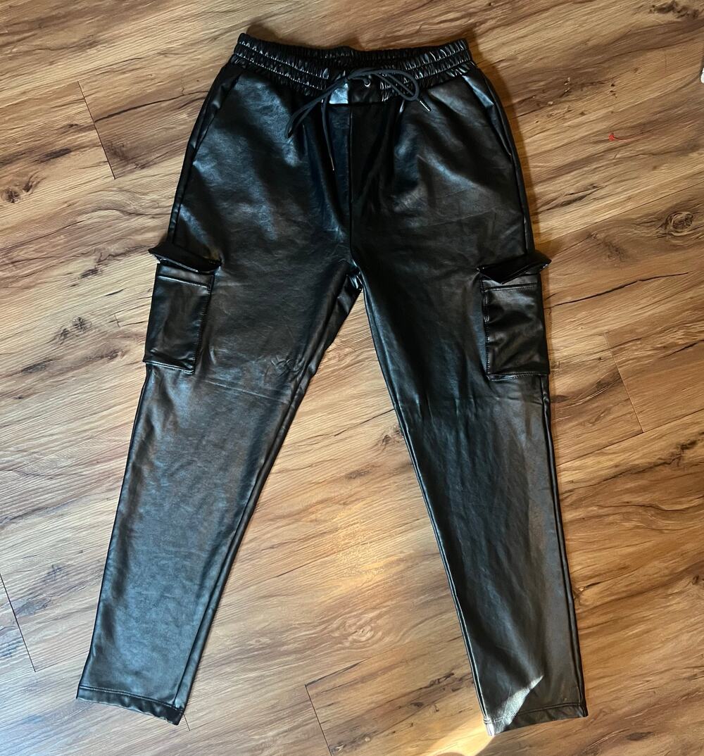 Faux Leather Black Flap Pocket Pull On Drawstring Pants Size Medium